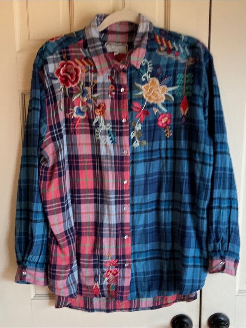 Johnny Was Pink and Blue Plaid Embroidered Eliona snap Button-Up Top - Picture 15 of 16